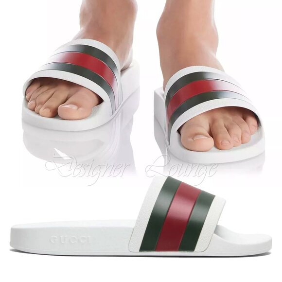 NEW GUCCI Men's WEB Pursuit Pool / Beach White Rubber Slides G 9 / US 9.5 - Picture 1 of 14